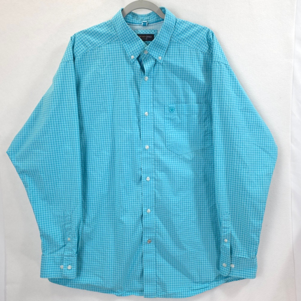 Ariat Pro Series Shirt Micro Check Turquoise Blue Mens XL Western Performance